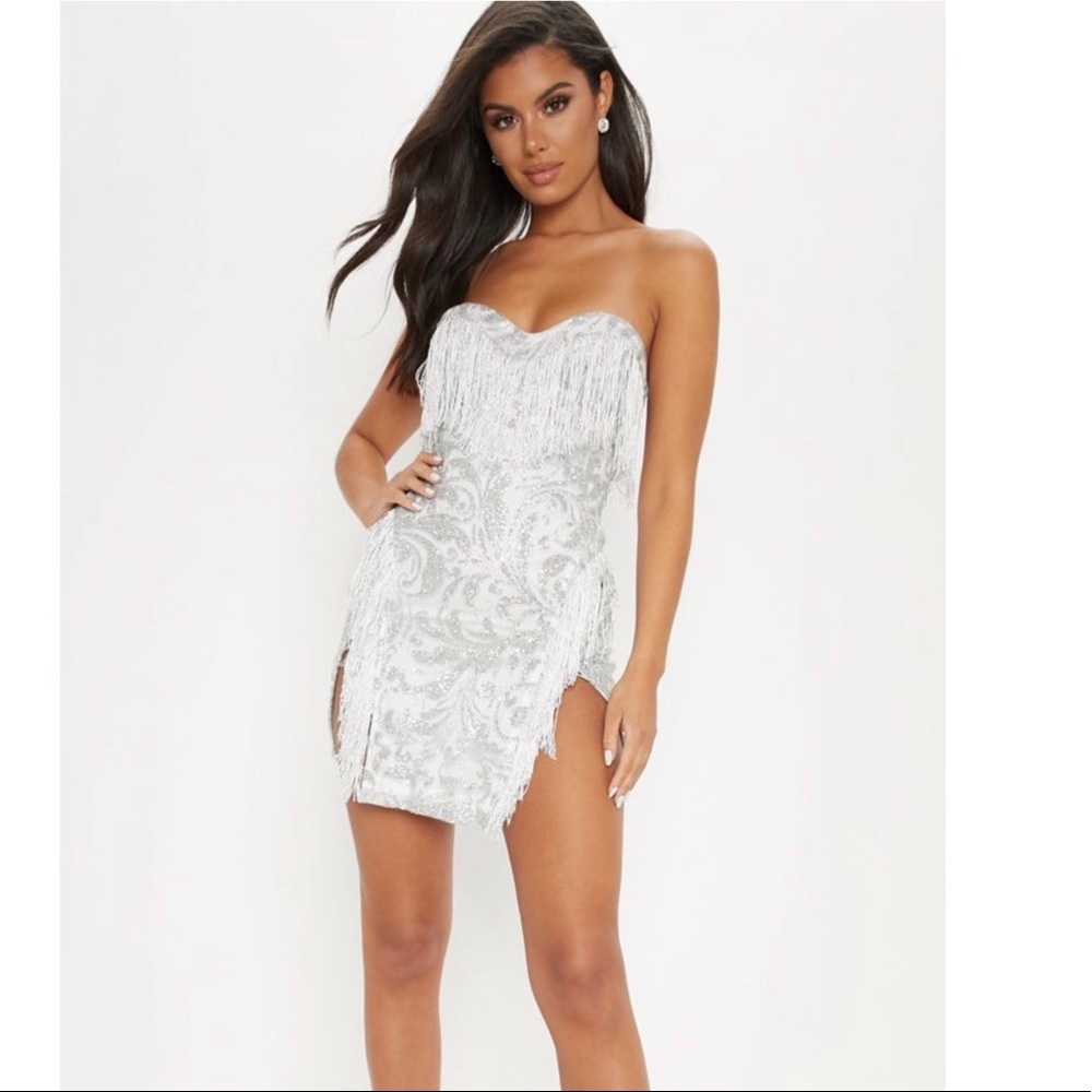Silver Bandeau Glitter Tassel Bodycon Dress